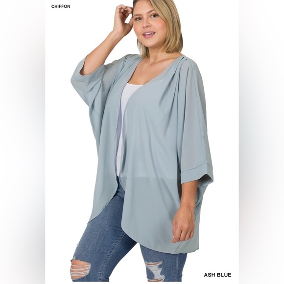 New! Plus Size Ash Blue Chiffon Kimono Cardigan Size 1X 2X 3X - Picture 1 of 4